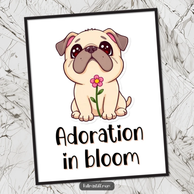 Sweet Bullmastiff flower poster, a dog with a flower in its fur looking up adoringly, ideal for a loving ambiance.