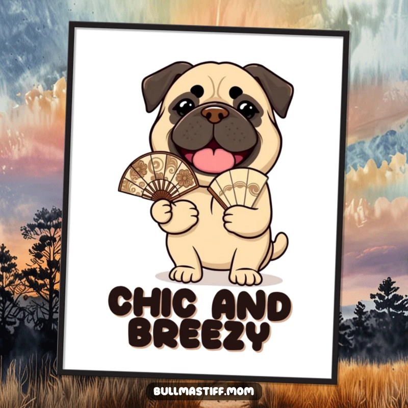 Funny Bullmastiff Poster: A cheerful bullmastiff holds an ornate fan, joyful and humorous wall art.