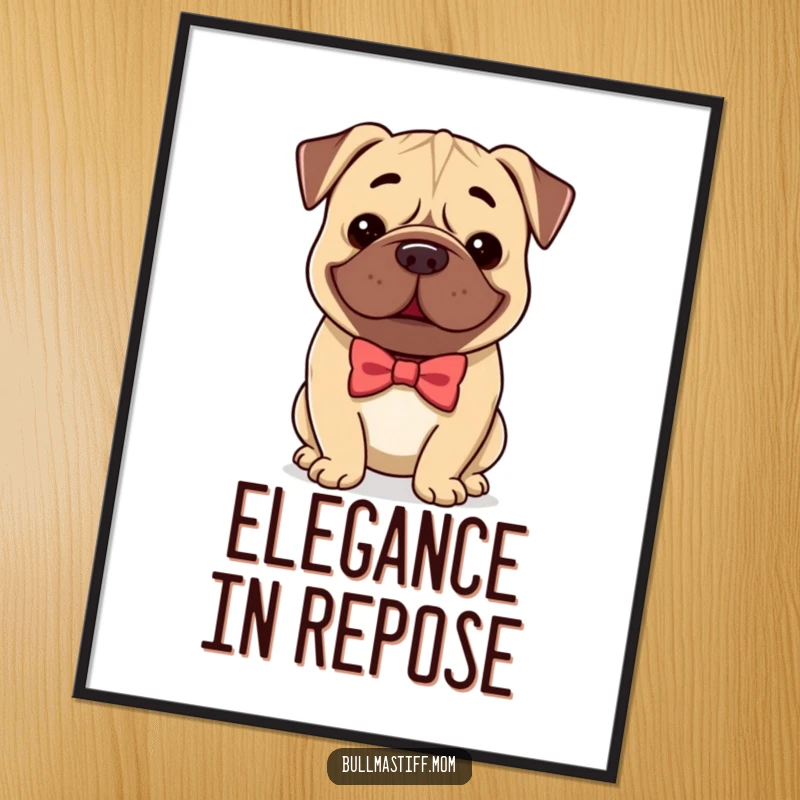 Funny Bullmastiff poster depicting a dog wearing a neat bow tie and a gentle smile, adding refined humor.