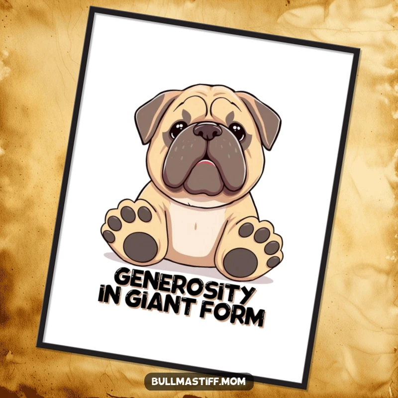 Funny Bullmastiff poster of a dog with big paws offering a toy, sweet and humorous wall art.