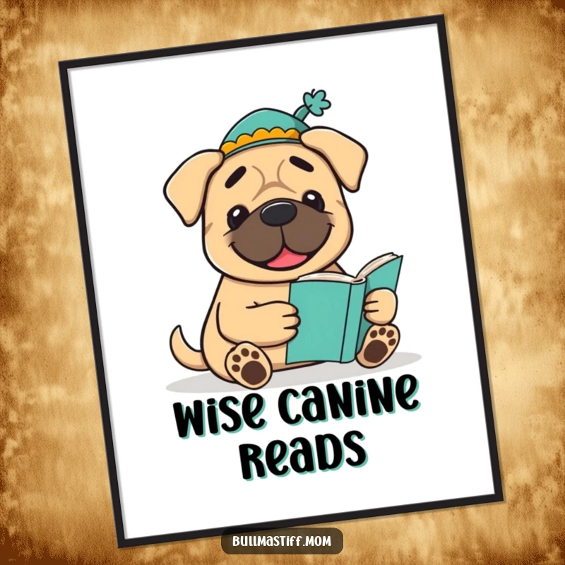 Funny Bookish Bullmastiff Poster: A smiling Bullmastiff in a hat reads a book, creating a sophisticated and humorous piece of wall art.