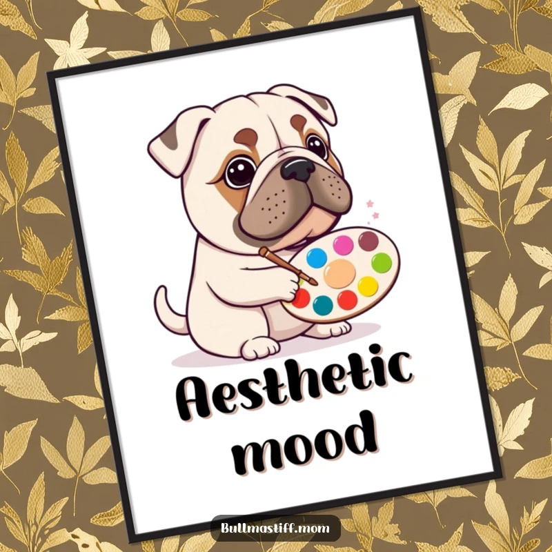 Funny Bullmastiff artist poster showing a happy dog with a paint palette, creating a colorful masterpiece.