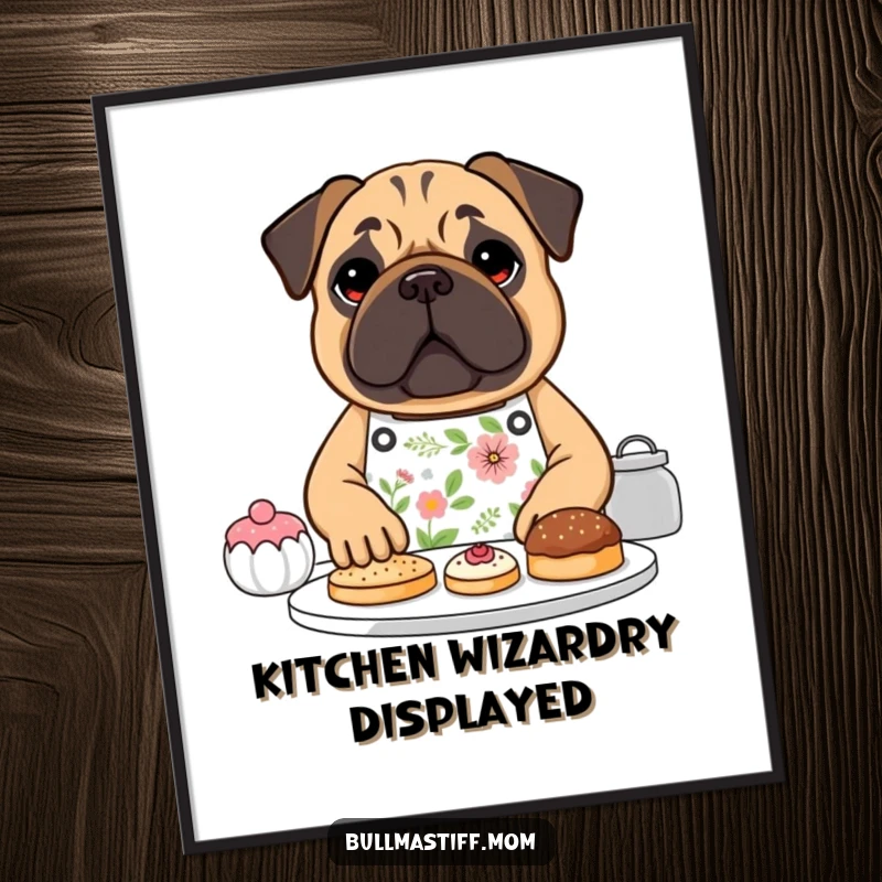 Funny Bullmastiff dog wearing a floral apron, happily baking pastries, depicted on a charming poster, a humorous gift.