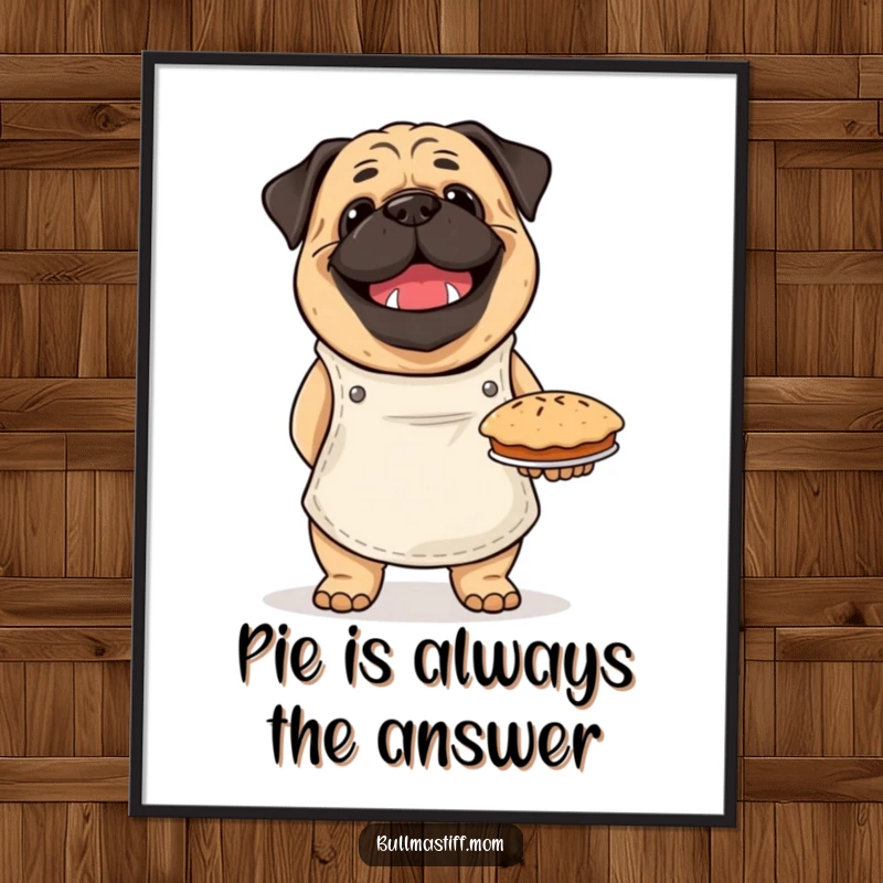 Funny Bullmastiff poster of a happy dog in an apron, beaming with pride as it holds up a delicious, freshly baked pie.