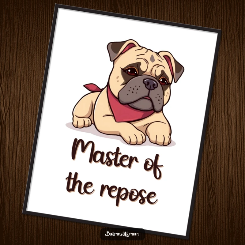 Funny Bullmastiff poster of a dog in a bandana lounging with a satisfied sigh, perfect humorous wall art.
