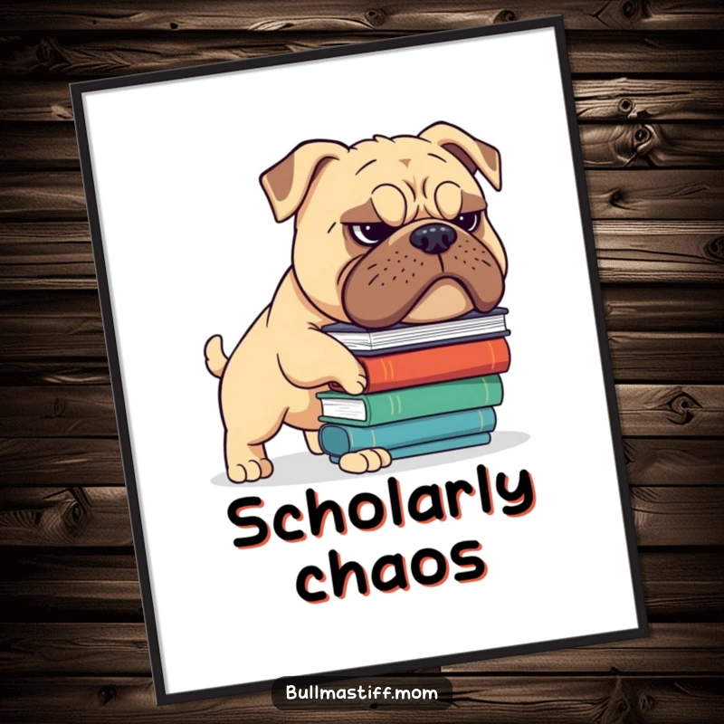 Funny Bullmastiff poster art of a dog with a grimace attempting to balance a precarious stack of books. Intellectual humor decor.