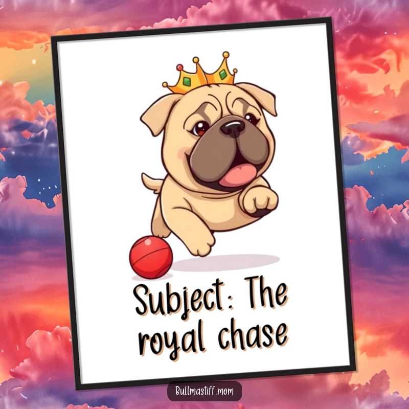 Funny Bullmastiff Poster: Royal dog in a crown chasing a red ball, a humorous and majestic piece of wall art.