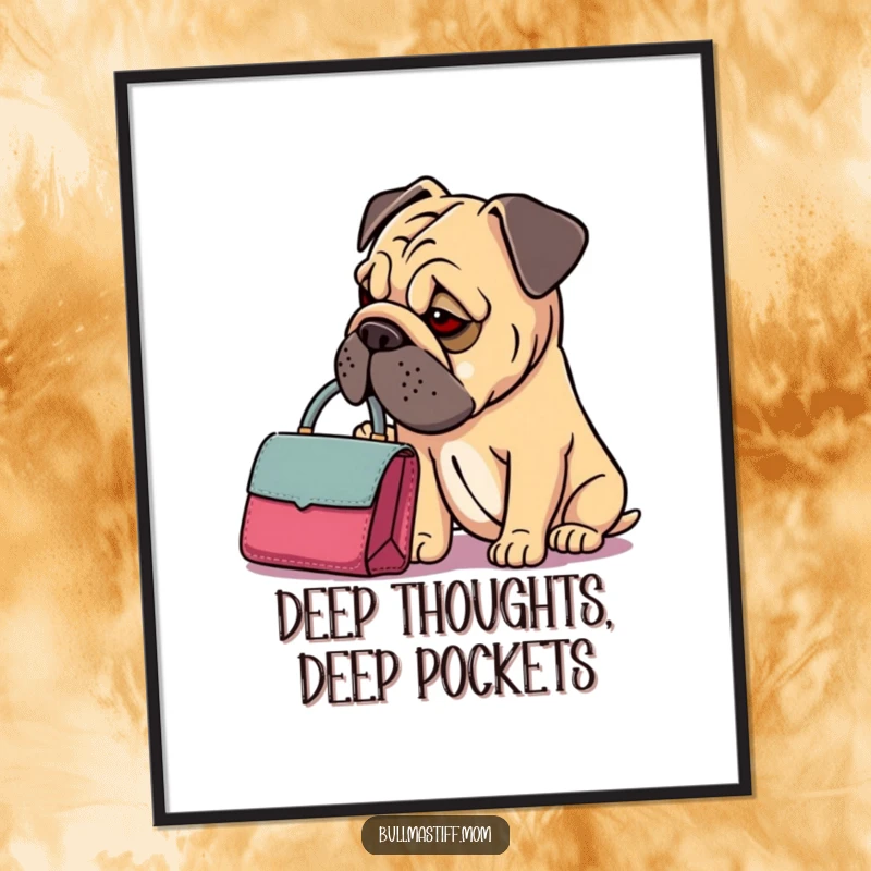 Funny Bullmastiff Handbag Poster: A Bullmastiff in a thoughtful pose with a dainty handbag, exuding humor and style.