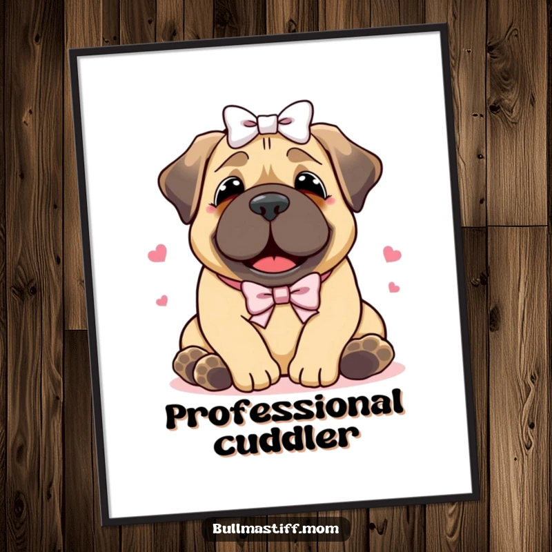 Funny Bullmastiff poster celebrating a happy dog with a bow enjoying a loving hug, creating a heartwarming and joyful visual.