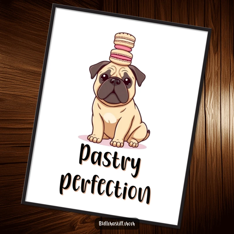 Funny Bullmastiff dog balancing a colorful stack of macarons on its head, presented as sophisticated wall art.