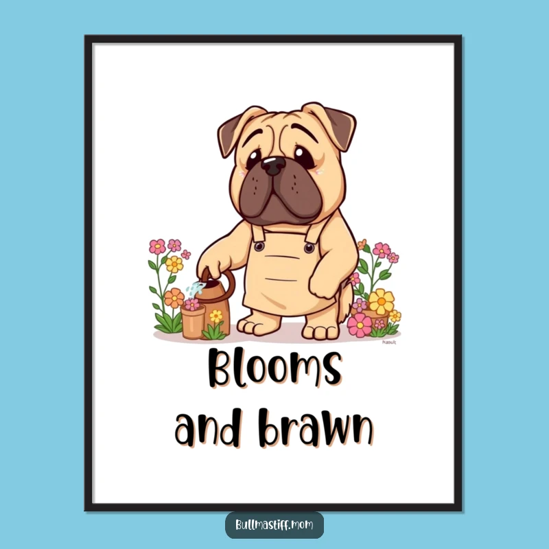 Funny Bullmastiff Poster: Gardener Giant Art, Floral Decor Funny Dog Gift