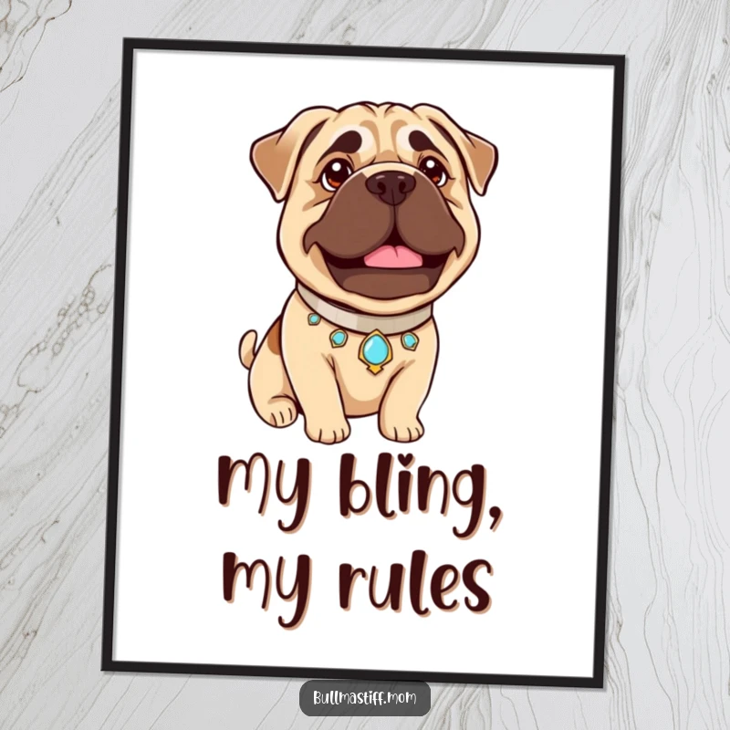Funny Bullmastiff Pride Poster: A Bullmastiff in a jeweled collar beams with gentle pride, creating a humorous and stately artwork.