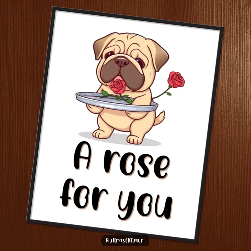 Funny Bullmastiff poster featuring a dog carefully carrying a tray with a single rose, a heartwarming and humorous statement piece.