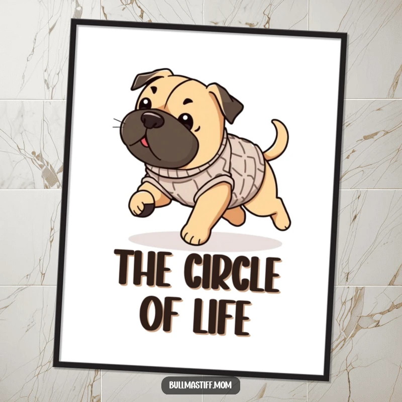 Funny Bullmastiff poster depicting a dog in a sweater, playfully chasing its tail, adding dynamic humor.