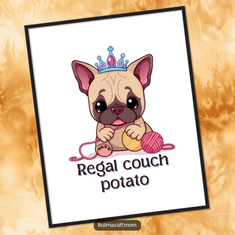 Funny Bullmastiff poster depicting a dog in a tiara, playfully batting at a yarn ball, creating a delightful and humorous visual.