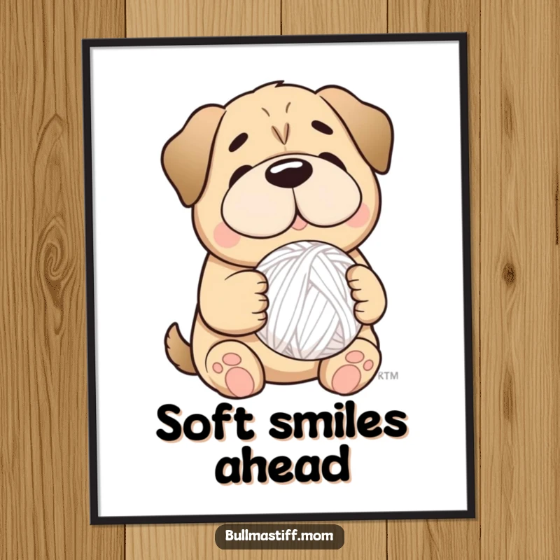 Funny illustration of a Bullmastiff dog with a gentle smile, holding a fluffy yarn ball, perfect for wall art.