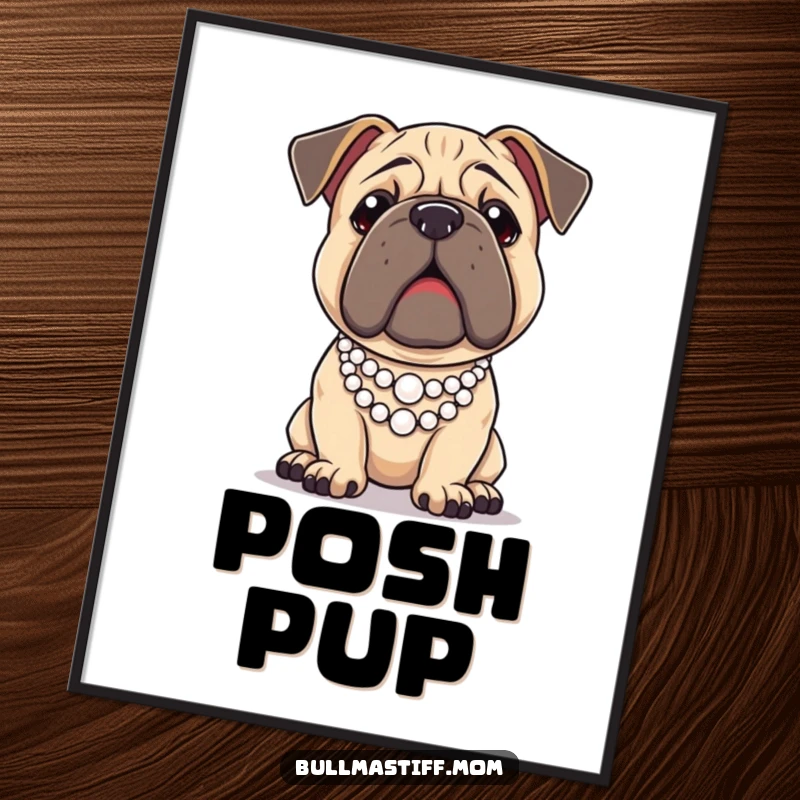 Funny Bullmastiff dog striking a regal pose wearing a pearl necklace, presented as sophisticated wall art.