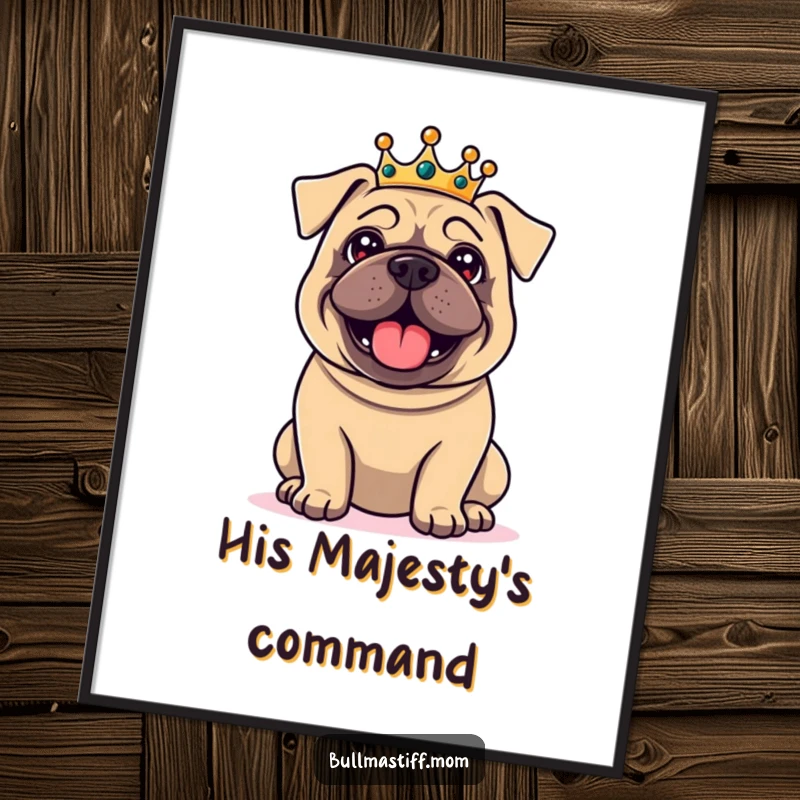 Funny Bullmastiff poster depicting a delighted dog wearing a small crown, exuding regal charm and humor, perfect wall art for dog lovers.