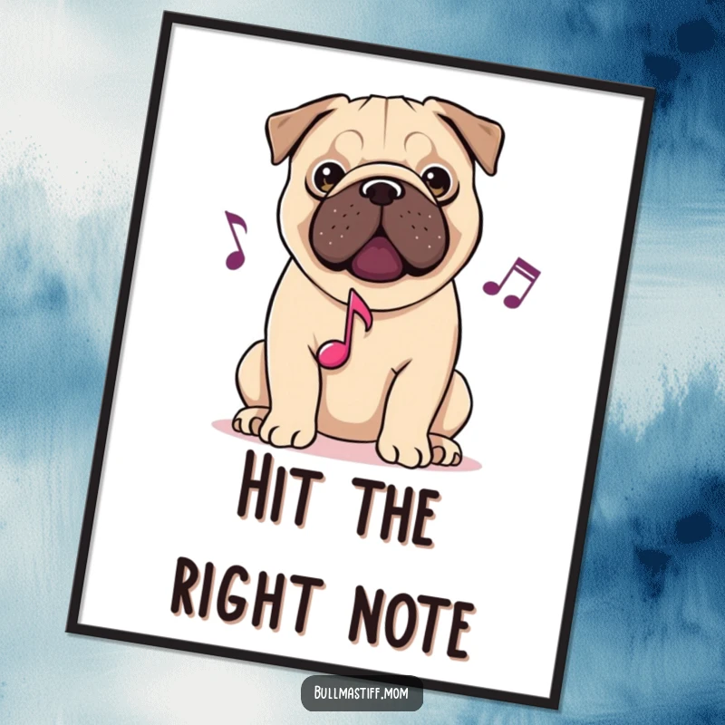 Funny poster print of a Bullmastiff surrounded by musical notes, enjoying a melody, bringing harmonious canine vibes to wall decor.