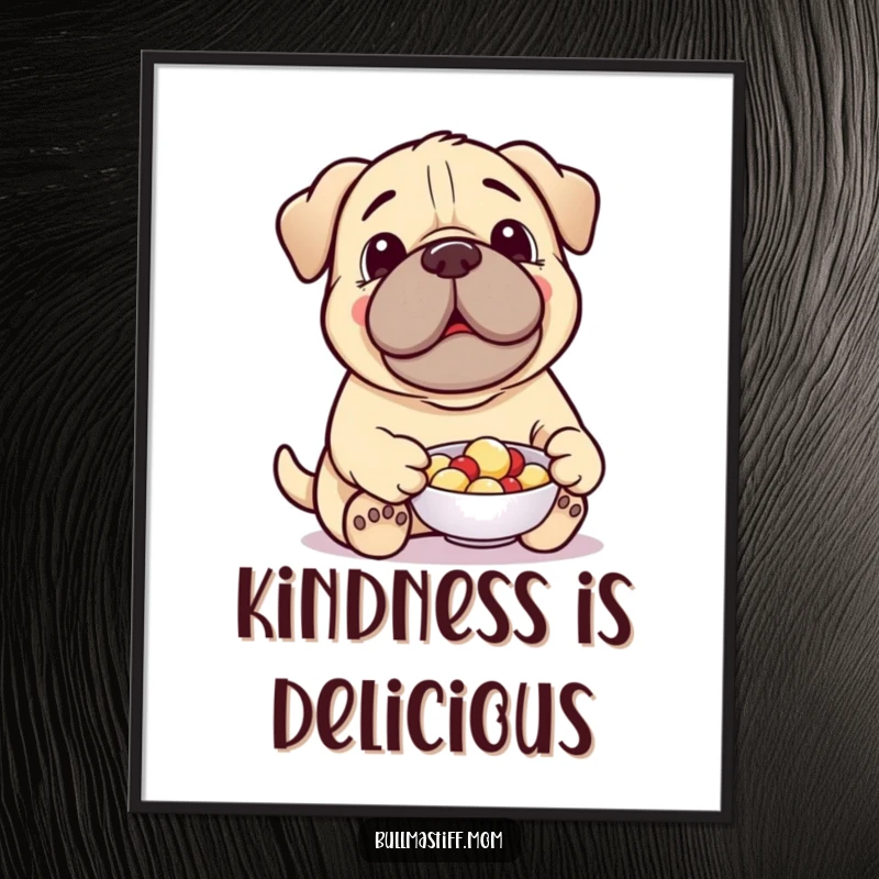 Funny Treat-Giving Bullmastiff Poster: A cheerful Bullmastiff offers a treat from a dish, creating a heartwarming and generous piece of wall art.