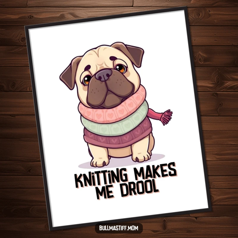 Funny Bullmastiff wearing a sweater, engrossed in knitting a scarf, a humorous art print for dog enthusiasts.