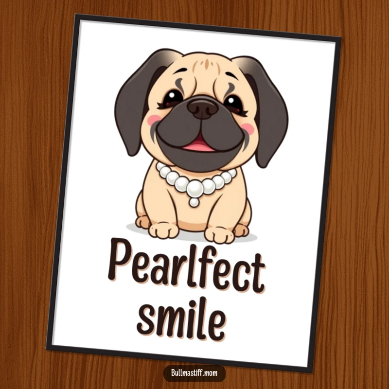 Funny Bullmastiff Poster: A regal Bullmastiff dog wears a pearl necklace and offers a gentle, happy smile.