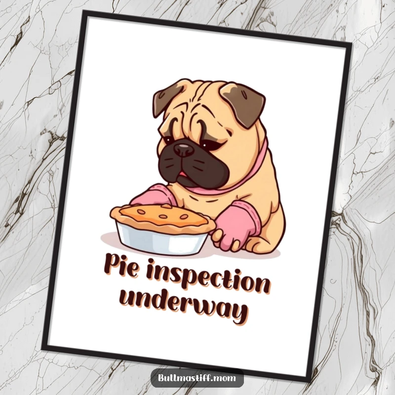 Funny Bullmastiff wearing oven mitts, closely inspecting a pie, a humorous kitchen-themed art print.