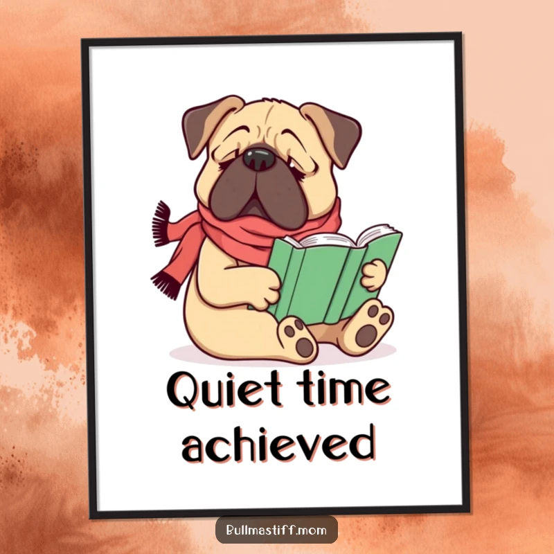 Funny Bullmastiff dog wearing a scarf, comfortably reading a book, depicted on a charming poster, a humorous gift.