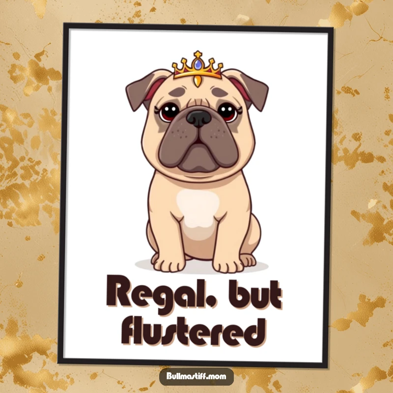 Funny Bullmastiff Poster: A regal Bullmastiff wearing a tiara, looking flustered, creating humorous and majestic wall art.