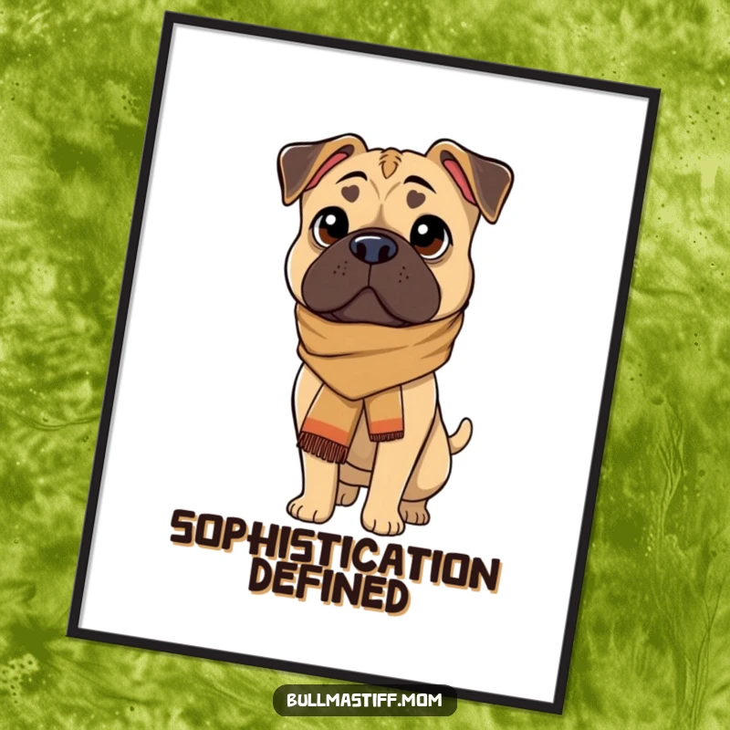 Funny illustration of a Bullmastiff dog wearing a stylish scarf, exuding sophistication, perfect for wall art.