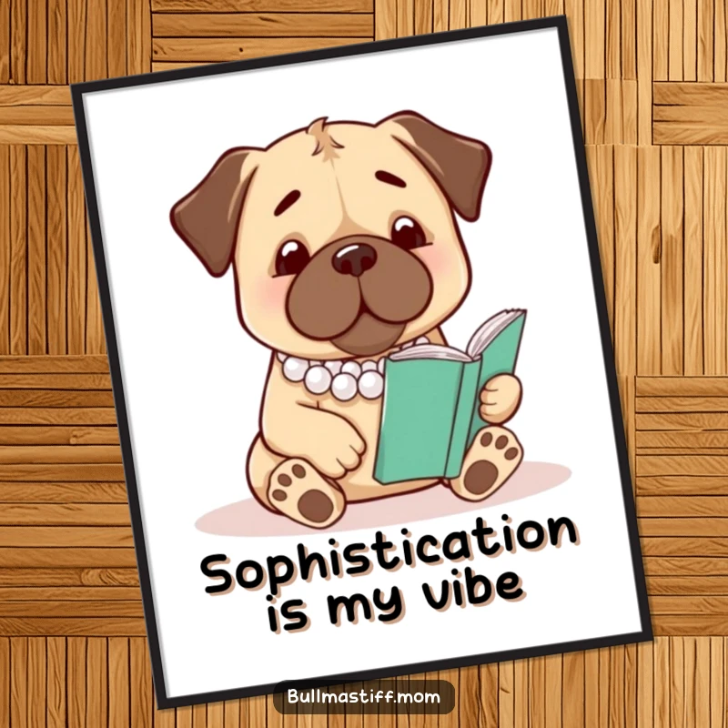 Funny Bullmastiff Poster: A refined bullmastiff adorned with pearls sits and reads a book, humorous art.