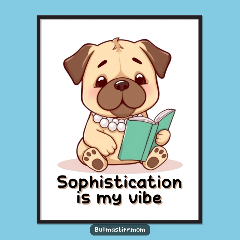 Funny Bullmastiff Reading Poster: Elegant Pearl Necklace Pup, Wall Art Gift for Book Lovers