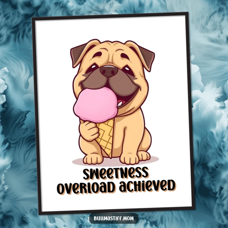 Funny Bullmastiff poster of a dog with a playful grin licking a giant ice cream cone, sweet summer art.