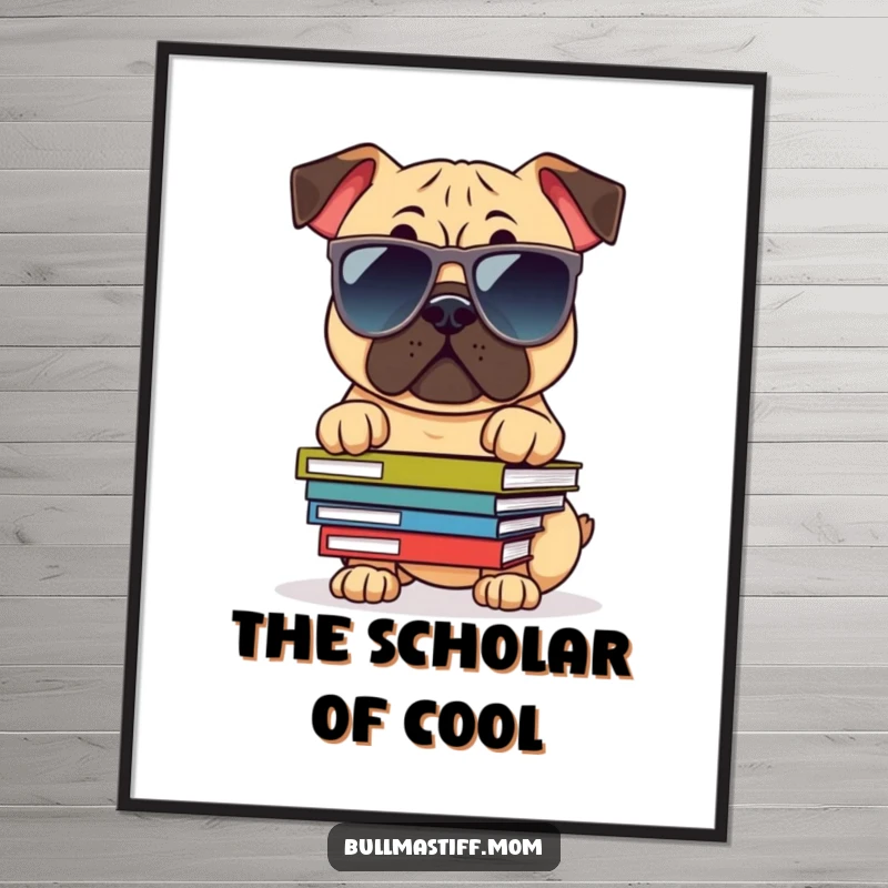 Funny Bullmastiff Poster: A dog wearing cool sunglasses, balancing a stack of books, radiating smart and funny vibes.