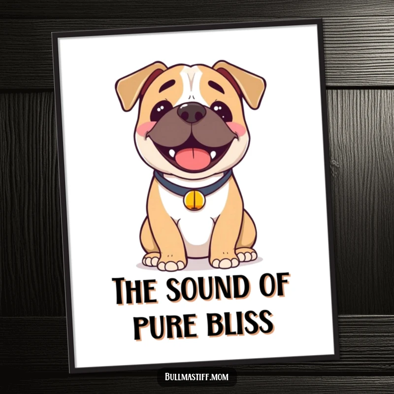 Funny Bullmastiff Poster: A smiling Bullmastiff wearing a bell collar, a heartwarming and humorous piece of wall art.