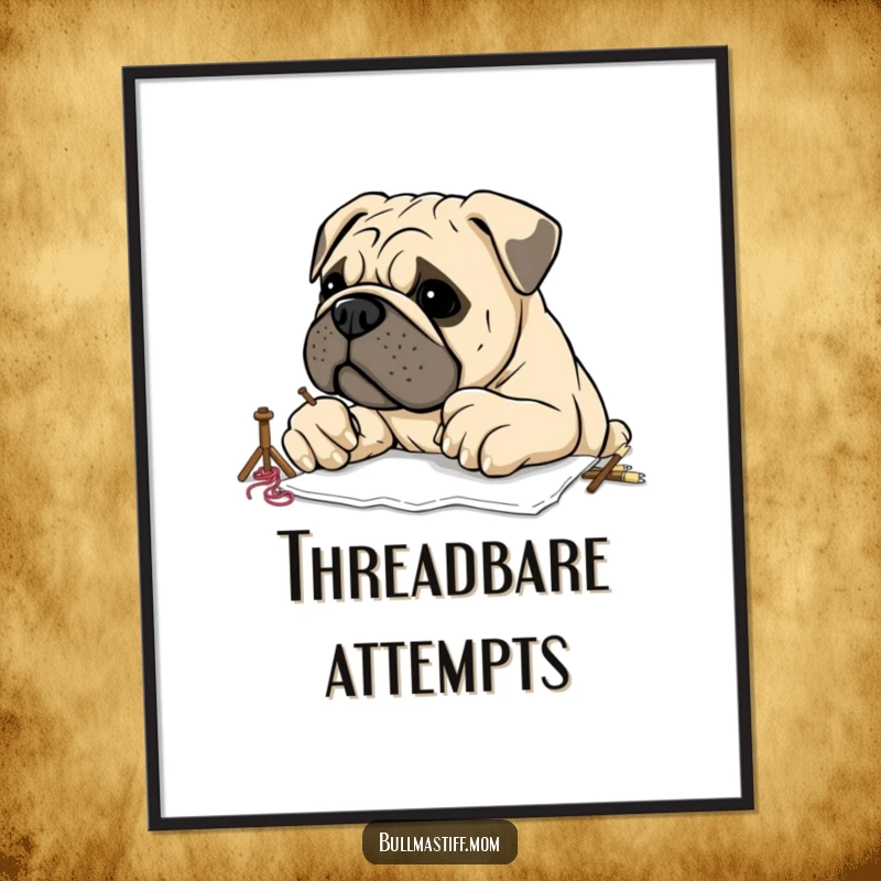 Funny Bullmastiff with large, clumsy paws attempting embroidery, presented as a vibrant wall poster, capturing a moment of hilarious artistic struggle.