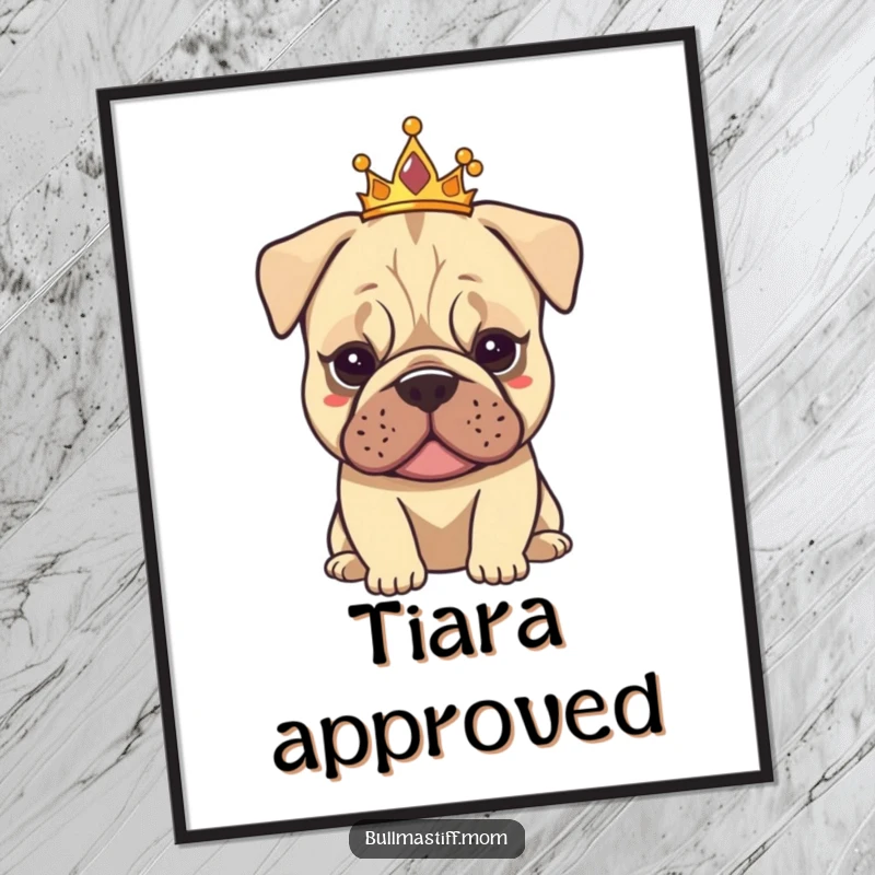 Funny Tiarad Bullmastiff poster featuring a dog wearing a small tiara, exuding calm elegance, a humorous piece for any wall.