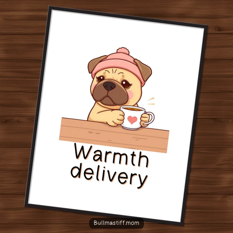 Funny Bullmastiff tea time poster, a dog in a warm hat offering tea, creating a cozy and inviting ambiance.
