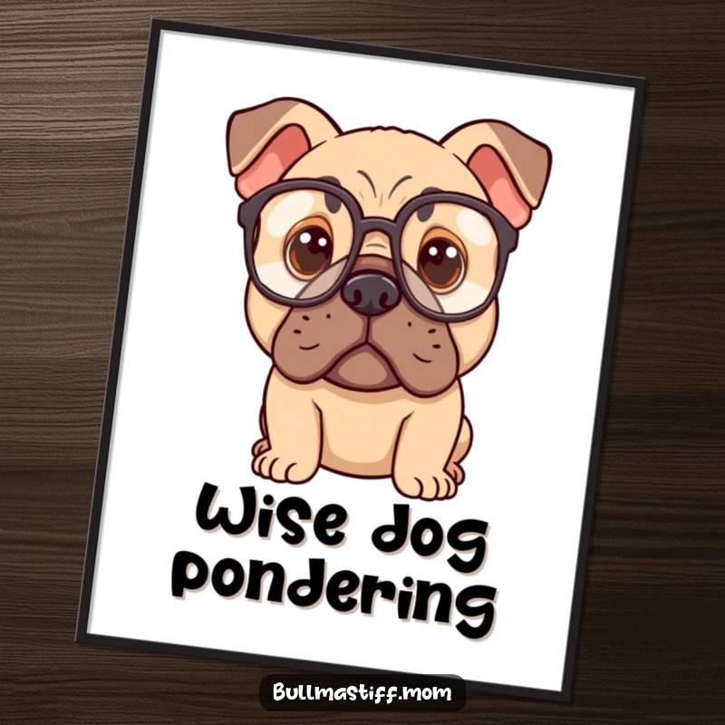 Funny illustration of a Bullmastiff dog wearing oversized spectacles, looking deeply thoughtful, perfect for wall art.