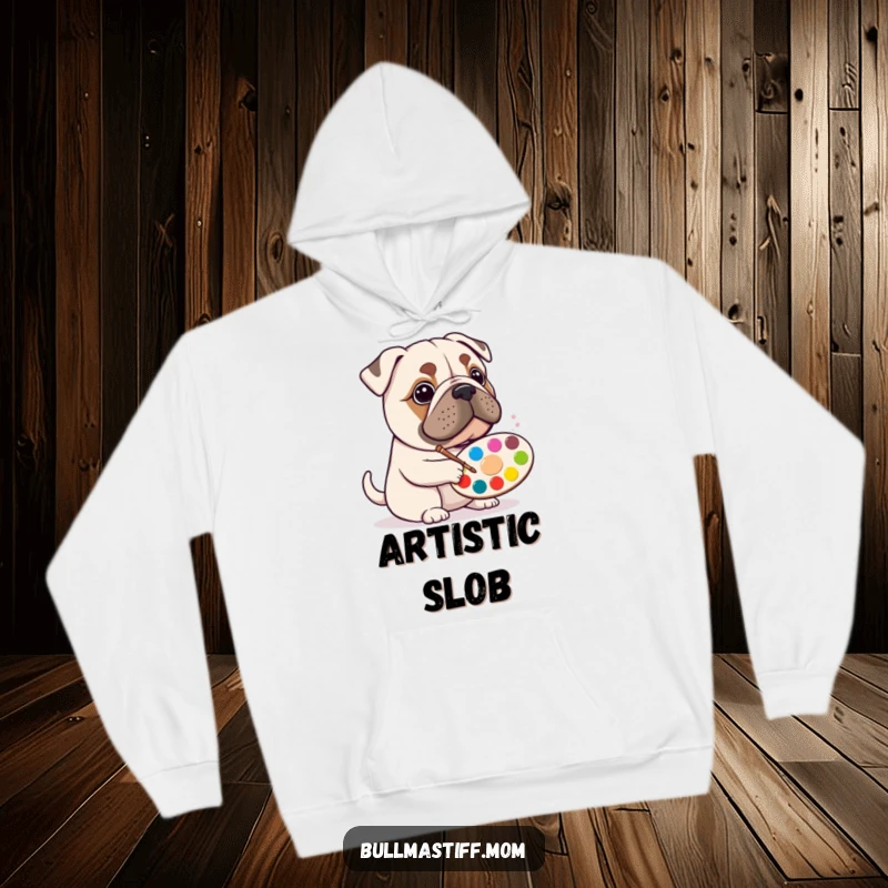 Funny Bullmastiff artist hoodie showing a happy dog with a paint palette, perfect for creative sessions.