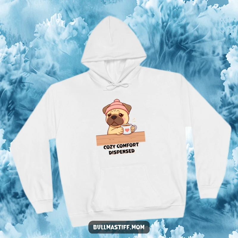 Funny Bullmastiff hoodie featuring a dog in a warm hat offering tea, ideal for cozy evenings and dog moms.