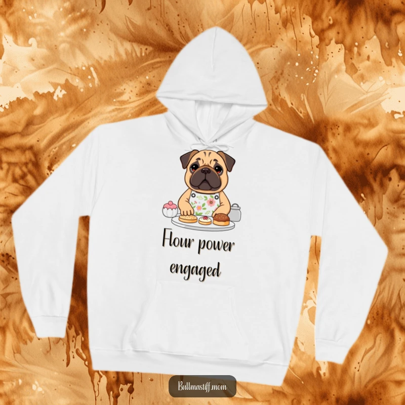 Funny Bullmastiff dog wearing a floral apron, happily baking pastries, on a warm hoodie, a great funny gift.