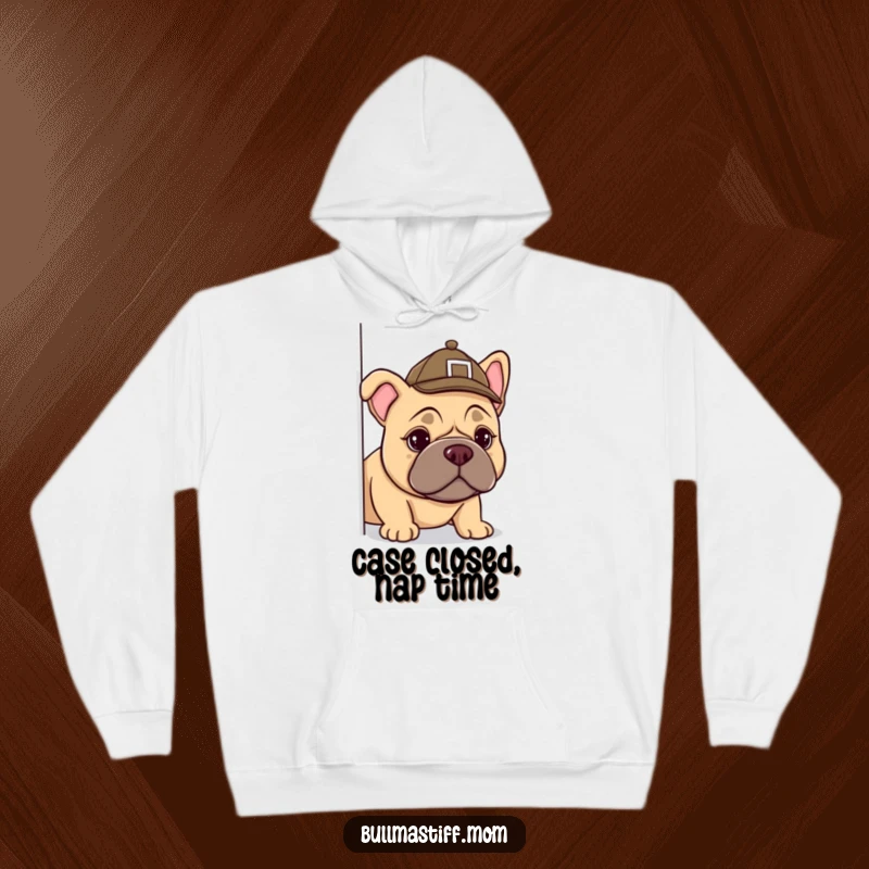 Funny Bullmastiff hoodie, showing a dog in a detective hat peeking curiously, ideal for cozy mystery nights and dog moms.
