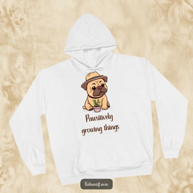 Funny Bullmastiff Gardener Hoodie: A sophisticated Bullmastiff in a hat lovingly cares for a small plant; cozy and humorous apparel.
