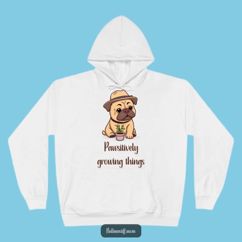 Cozy Funny Bullmastiff Gardener Hoodie: Stylish Hat, Tiny Plant - Warm & Hilarious Gift!