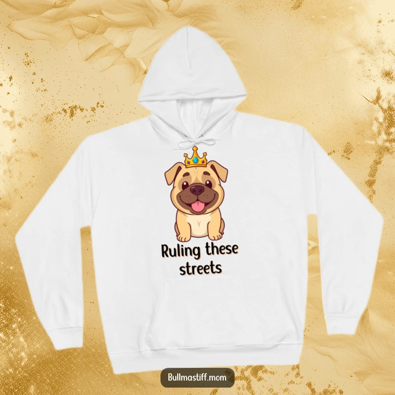Funny Bullmastiff Hoodie: A bullmastiff crowned and waving, offering warmth and royal humor.