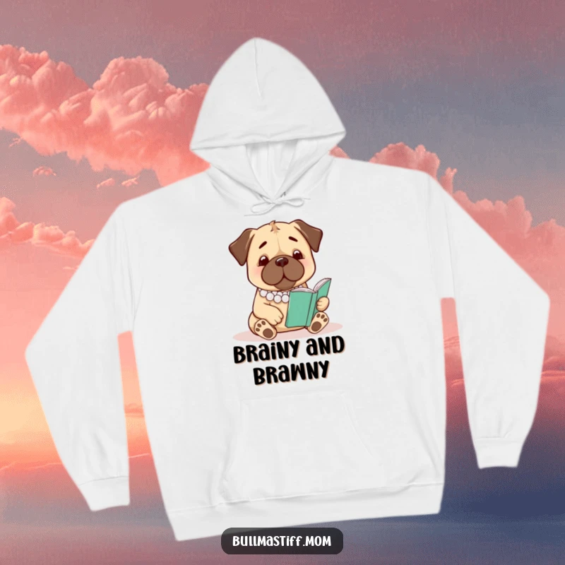 Funny Bullmastiff Hoodie: A bullmastiff in pearls relaxes with a book, bringing cozy humor.