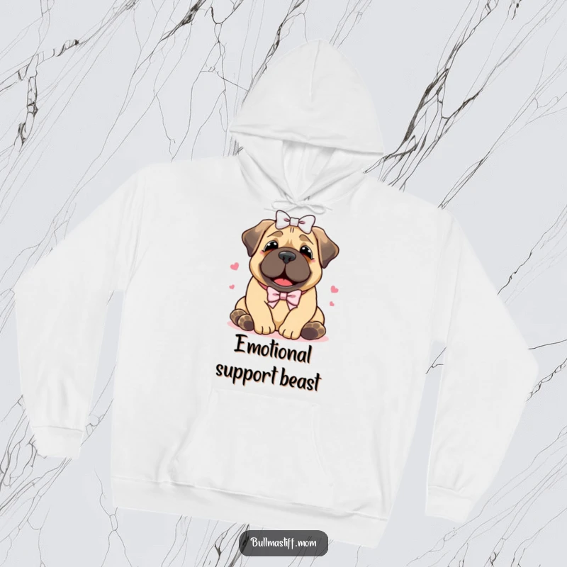 Funny Bullmastiff hoodie depicting a happy dog with a bow, embracing a hug, exuding comfort, joy, and unconditional love.