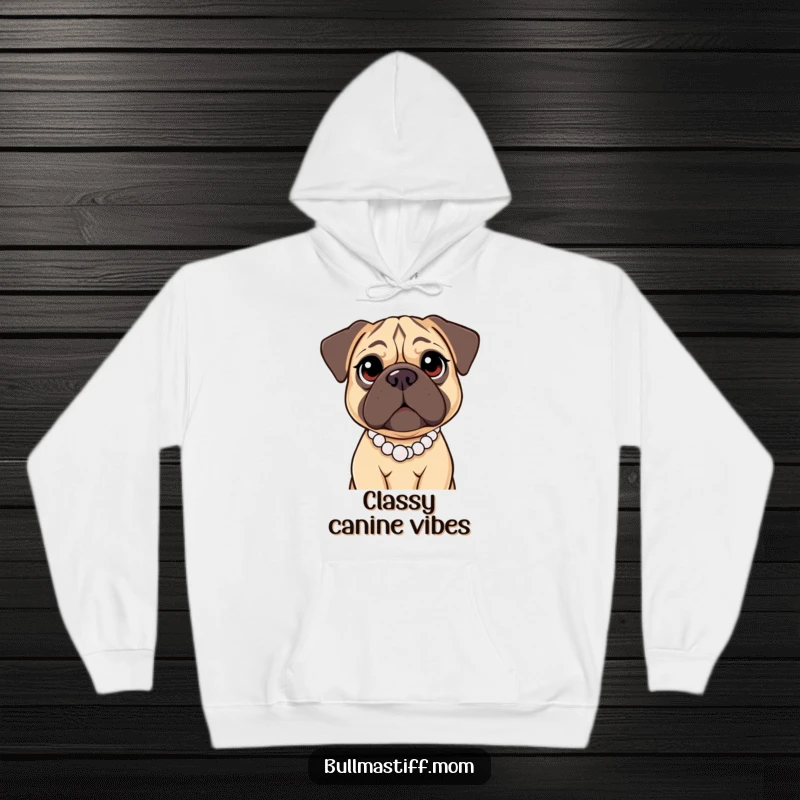 Funny Bullmastiff Hoodie showcasing a large dog with kind eyes wearing a pearl necklace, offering warmth and a touch of gentle humor.