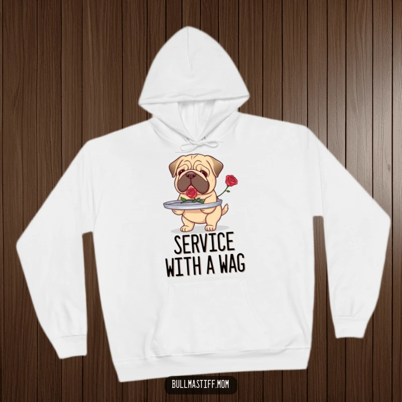 Funny Bullmastiff hoodie with a dog carefully carrying a tray with a single rose, offering warmth and devoted humor.